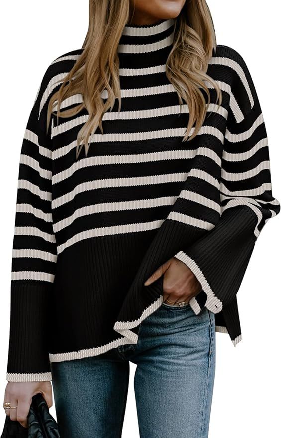 Amazon.com: Gyrans Women's Long Sleeve Striped Sweater Turtleneck Casual Loose Side Split Ribbed ... | Amazon (US)