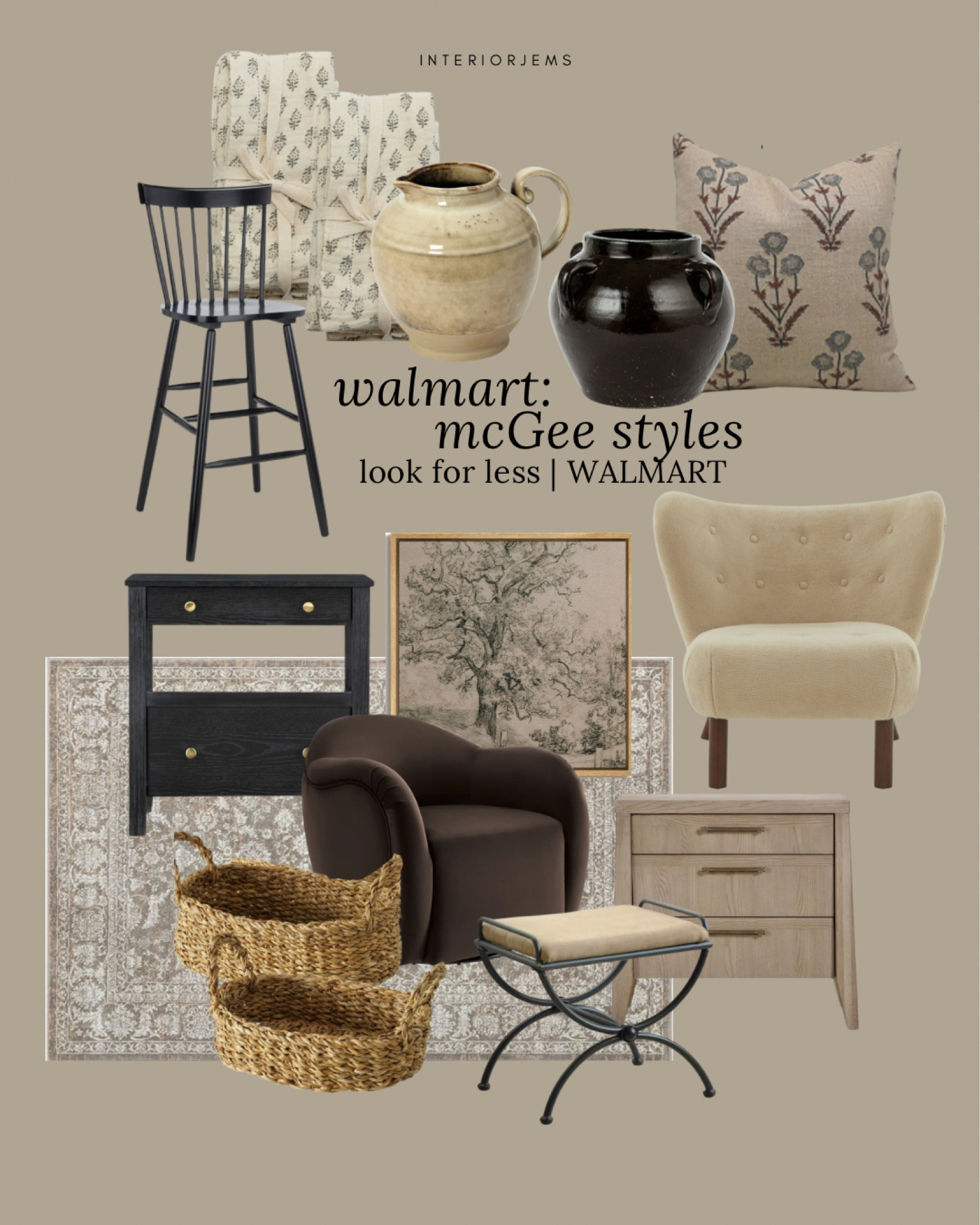 McGee and Co. style furniture and decor from Walmart, dining chair, barstool, accent chair, brown lounge, chair, nightstand, set of baskets, brown vase, kitchen, ware, framed, and ready, art, block, print throw pillow

#LTKHome #LTKSaleAlert #LTKStyleTip