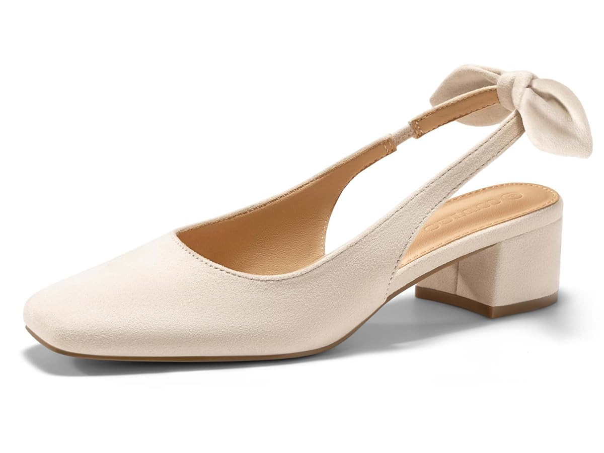 Coutgo Womens Chunky Low Heels Bow Slingback Pumps Closed Square Toe Wedding Party Dress Shoes | Amazon (US)