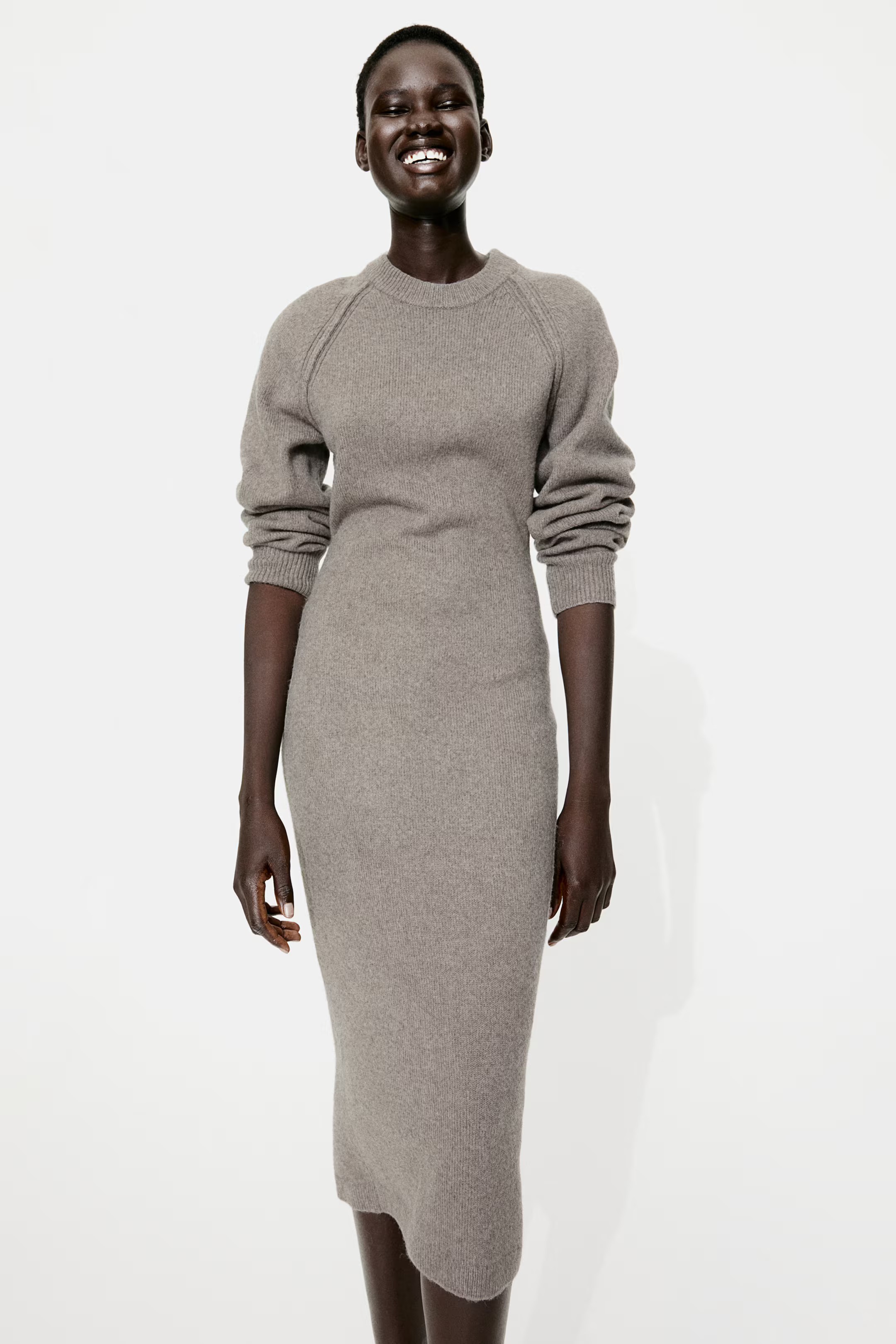 Knitted bodycon dress - Round neck - Long sleeve - Greige marl - Ladies | H&M GB | H&M (UK, MY, IN, SG, PH, TW, HK)