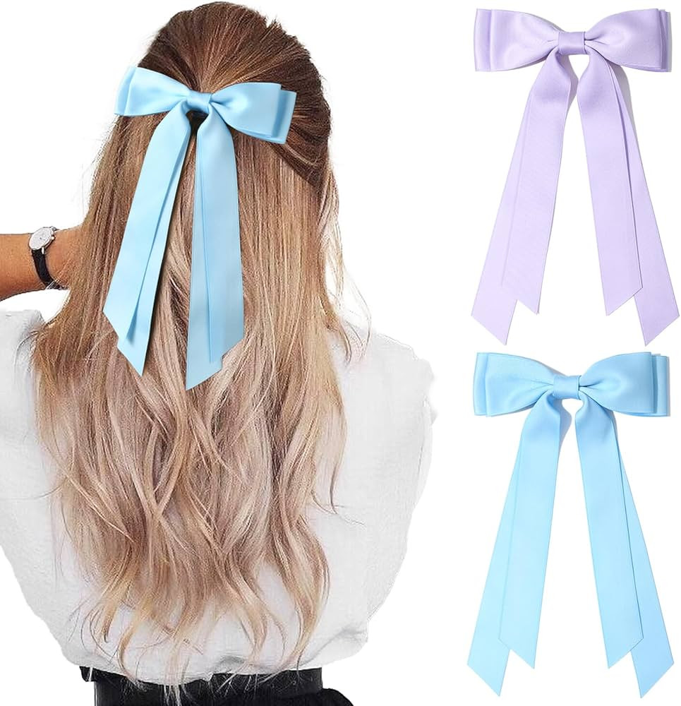 Aileam 2PCS Silky Satin Hair Bows Hair Clip Blue Purple Hair Ribbon Ponytail Holder Accessories S... | Amazon (US)