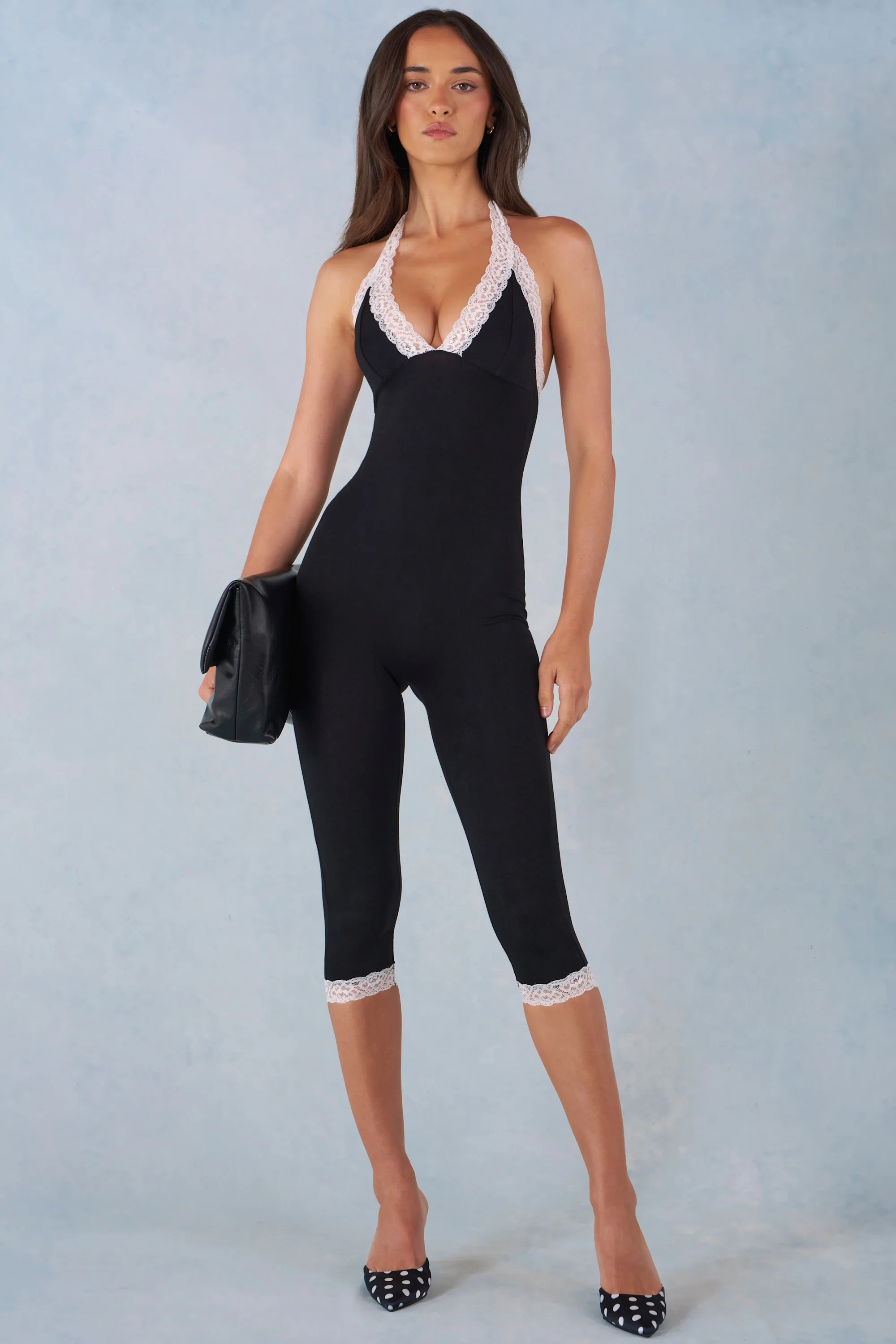 Modal Lace-Trim Capri Jumpsuit  in Black | Oh Polly