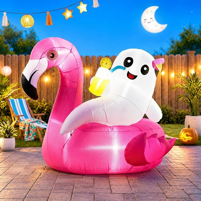 4.9FT Summerween Decorations Inflatable Ghost on Flamingo Float, Halloween Outdoor Inflatable Dec... | Amazon (US)