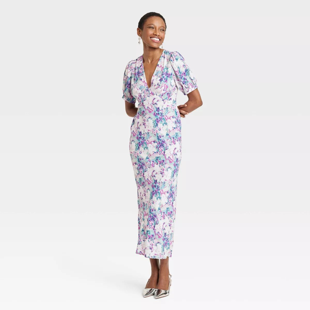 Women's Crepe Puff Short Sleeve Midi Dress - A New Day™ Blue Floral XS | Target