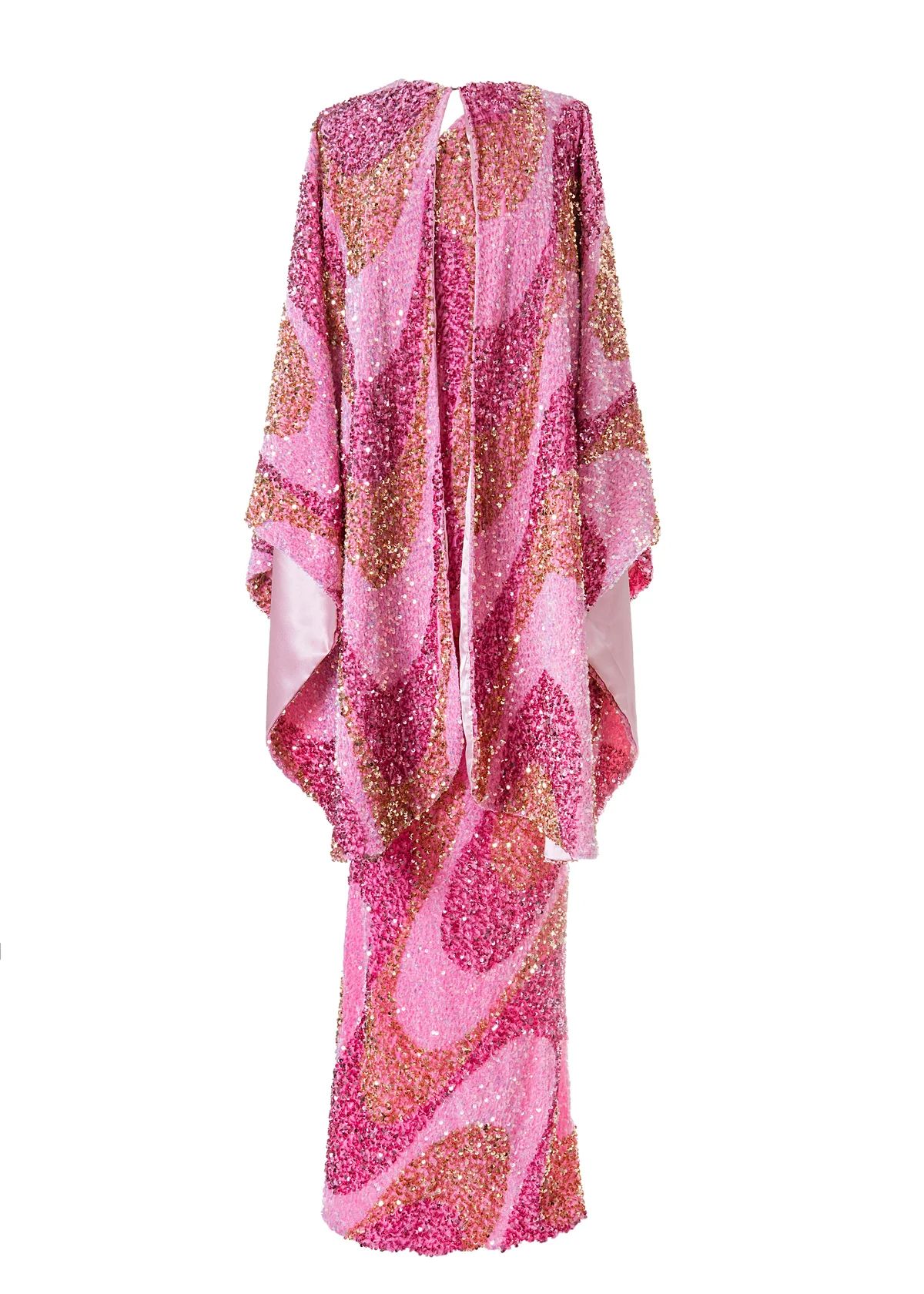 70's Swirl Sequin Velvet One Shoulder Dress with Cape In Pink | Over The Moon