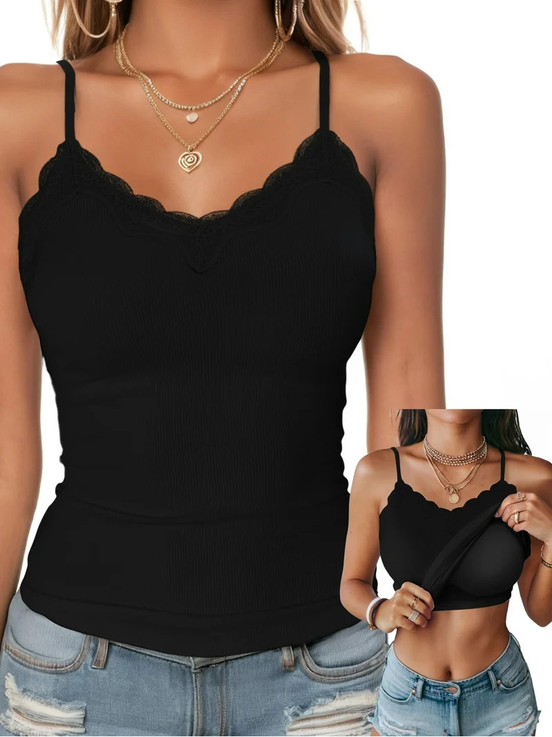 Anygrew Tank Top for Women with Built in Bra Lace Adjustable Spaghetti Strap Camisoles Ribbed Sli... | Walmart (US)