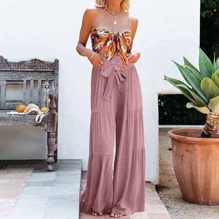 BDDVIQNN Flowy Pants For Women Women High Waisted Tie Elastic Waist Pleated Rayon Flare Palazzo Pant | Walmart (US)