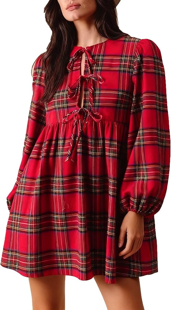 Womens Red Plaid Bow Tie Christmas Dress Ruffle Casual Babydoll Mini Dress Long Sleeve Party Phot... | Amazon (US)