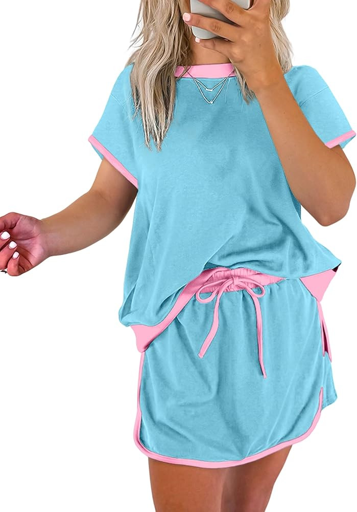 SELINK Lounge Sets for Women 2 Piece Skirt Colorblock Drop Shoulder T Shirt and Skort Set Summer ... | Amazon (US)