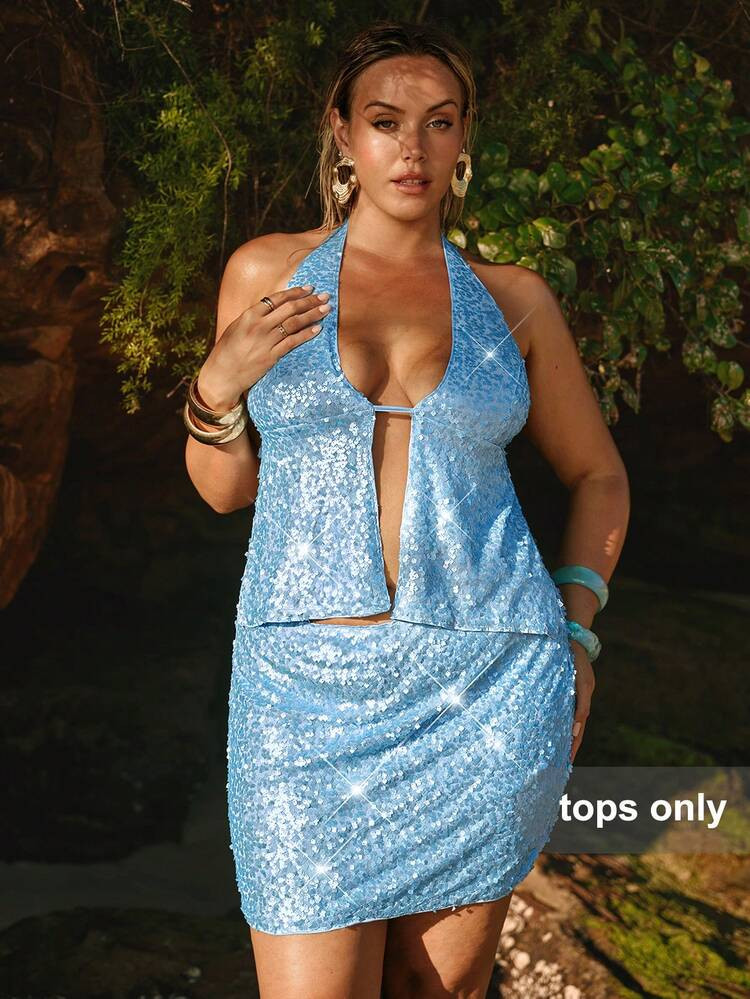 SHEIN BAE Plus Size Women Blue Sequin Tie-Up Backless Halter Top,Summer Women's Sexy Backless Exquisite Sequin Embroidered Ladies Tops/Women's Summer Wear/Women's Beach Wear/Summer Tops/Cropped Tops Ladies Beach Wear, Ladies Festival Wear, Carnival Wear, Ladies Sexy Club Wear,Valentine's Day,Valentine Outfits For Women | SHEIN