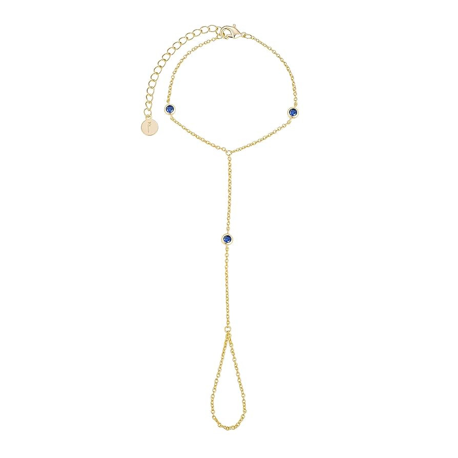 14k Gold and Sapphire Blue Tarnish Resistant Ring Bracelet Hand Chain, September Birthstone Finge... | Amazon (US)