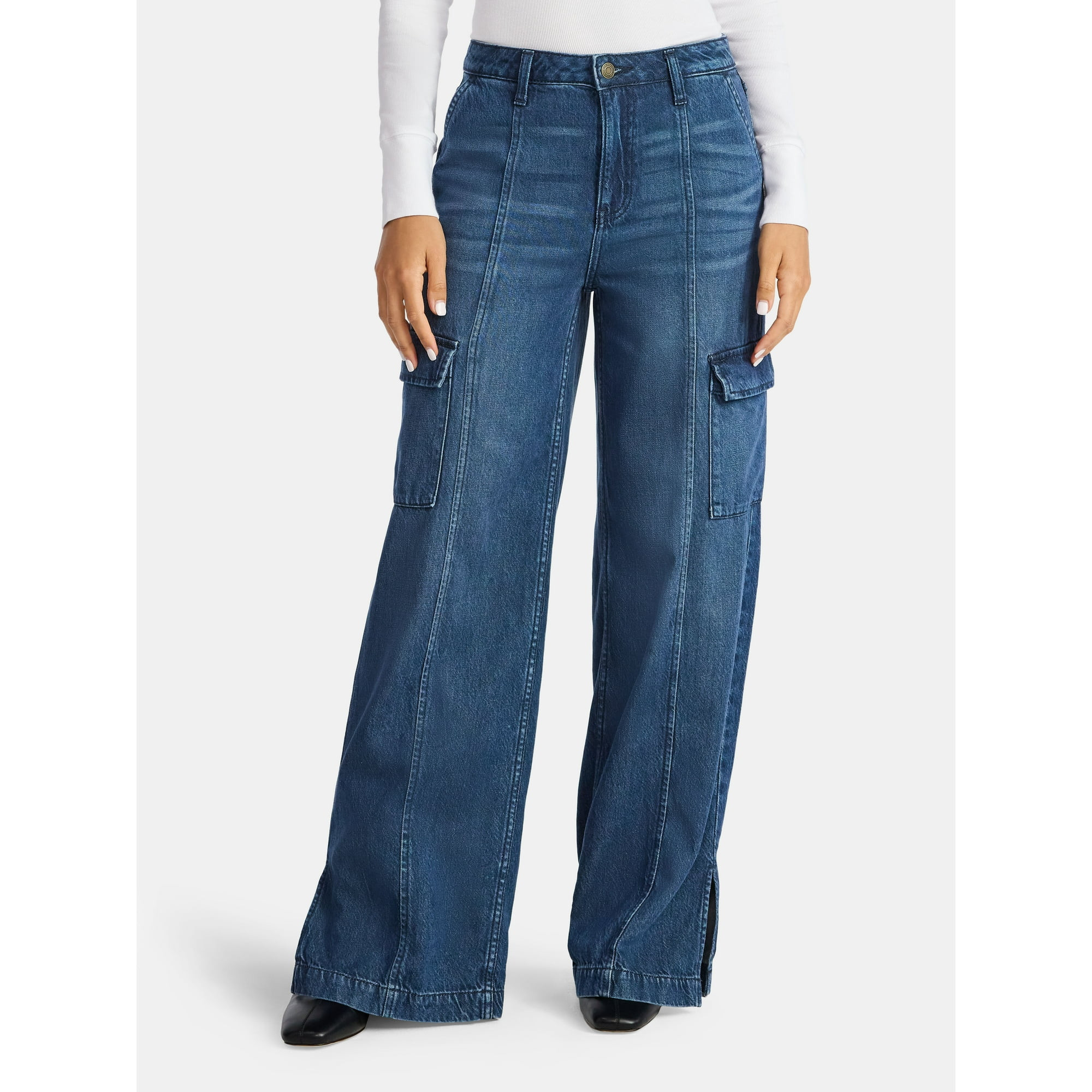 Time and Tru Women's Wide Leg Cargo Jeans, 31" Inseam, Sizes 0-20 - Walmart.com | Walmart (US)