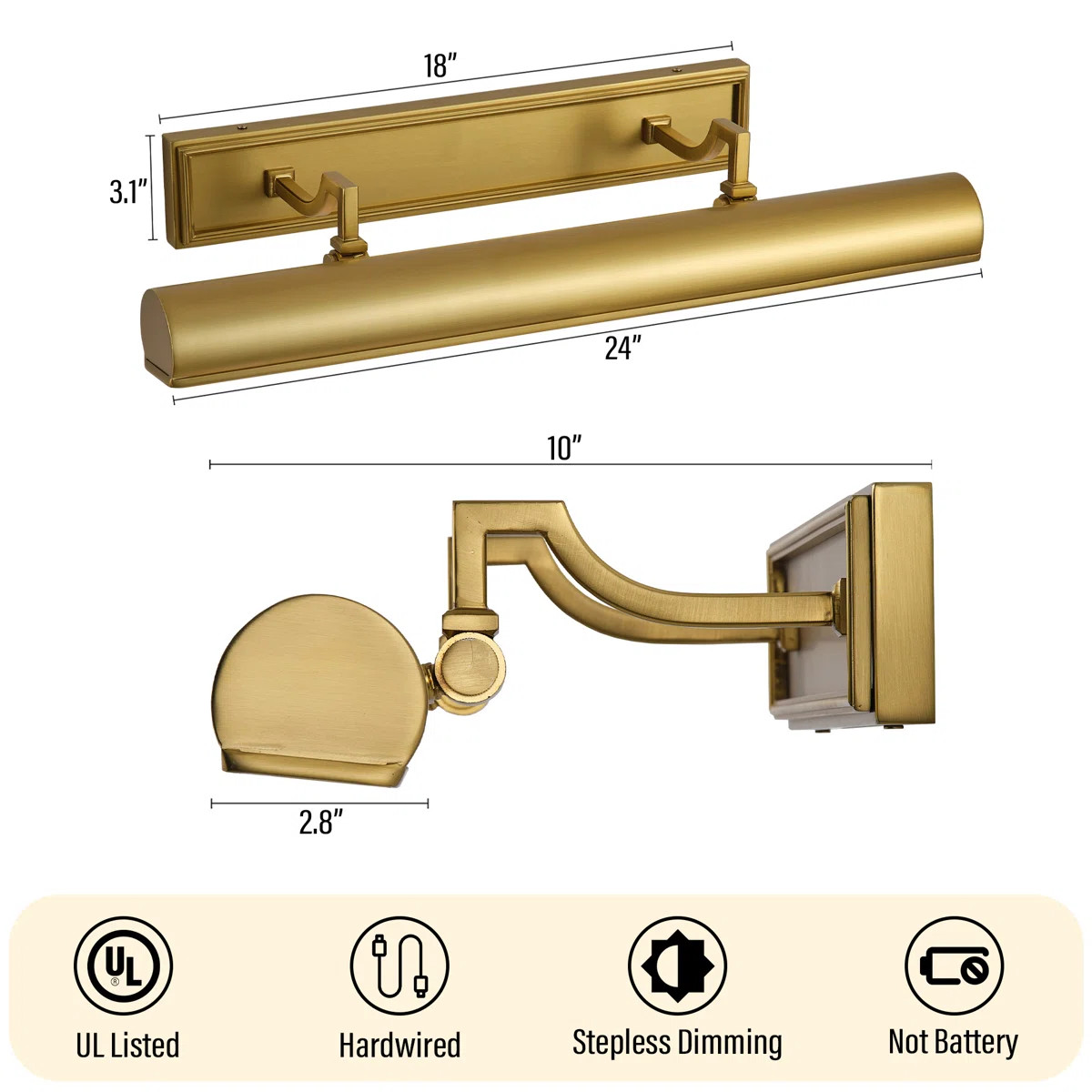 Liesse 18"/24"Luxury Dimmable Adjustable Brass Wall Mounted Picture Gallery Library Painting Art ... | Wayfair North America