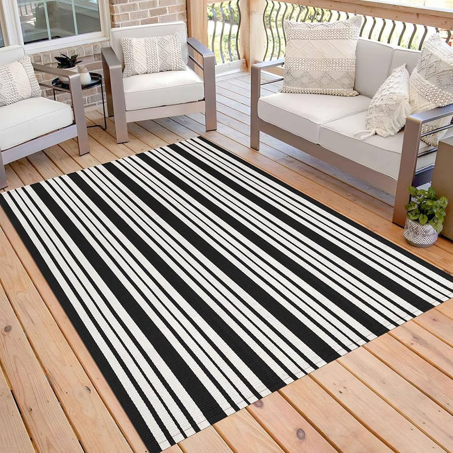 KOZYFLY Black and White Striped Outdoor Rug 5x7 Ft Area Rug Washable Indoor Outdoor Rug Cotton Ou... | Amazon (US)
