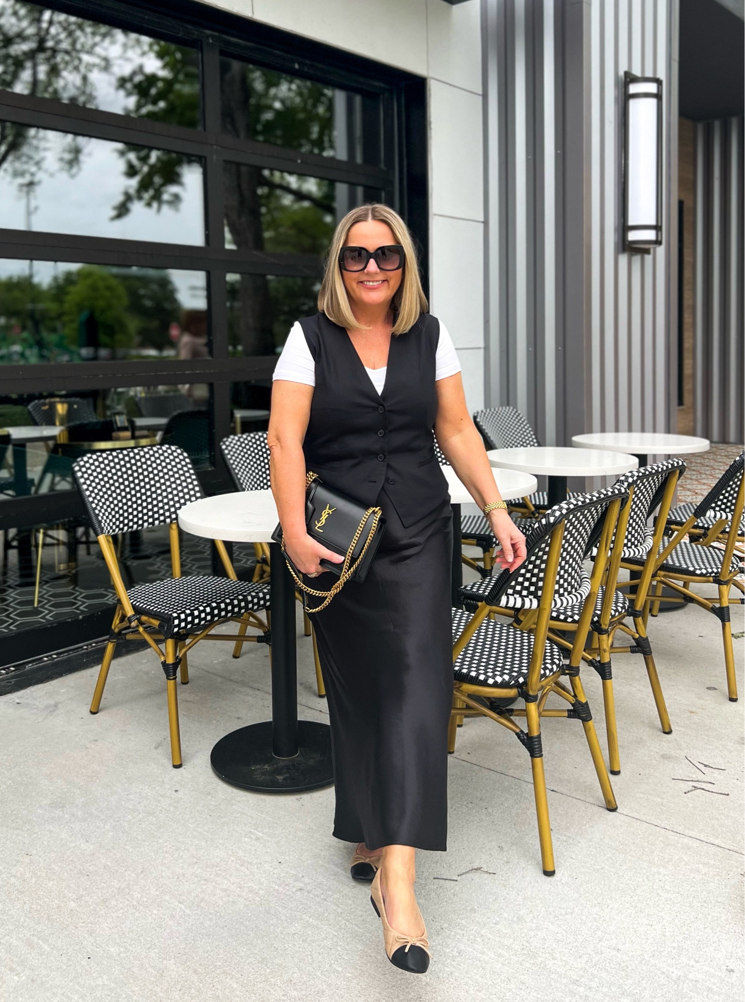 Classic outfit with a maxi satin skirt, vest, square neck top and ballerina shoes.



#LTKstyletip #LTKfindsunder50 #LTKover40