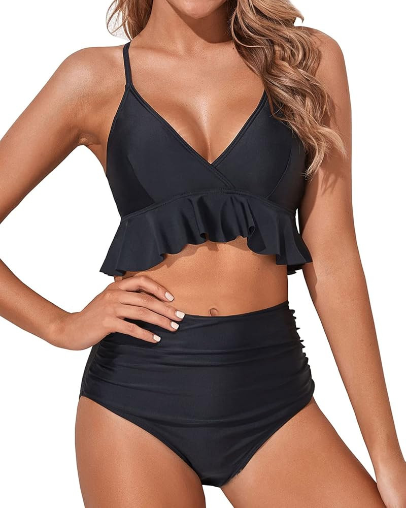 Tempt Me Women Two Piece Swimsuits High Waisted Bikini Set Ruffle Flounce Tummy Control Bottoms Bath | Amazon (US)