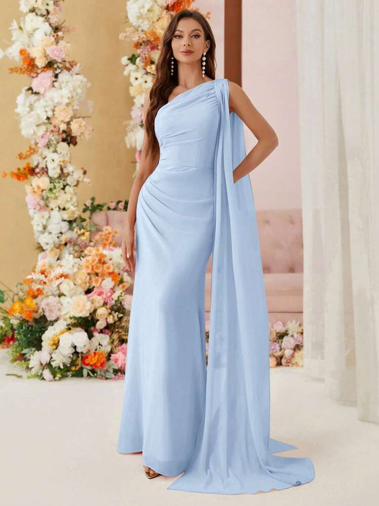 Aureia Chiffon Asymmetrical Neckline Draped Bridesmaids Dress (Adult) | SHEIN