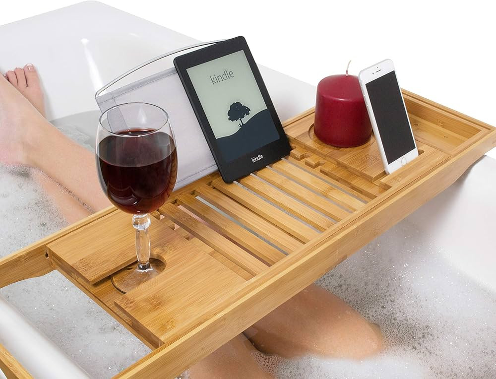 Relux Premium 100% Natural Bamboo Bath Caddy Bridge – Extendable Luxury Book Rest, Wine Glass H... | Amazon (UK)
