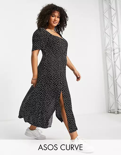 ASOS DESIGN Curve cupped maxi dress with splits in spot print | ASOS (Global)