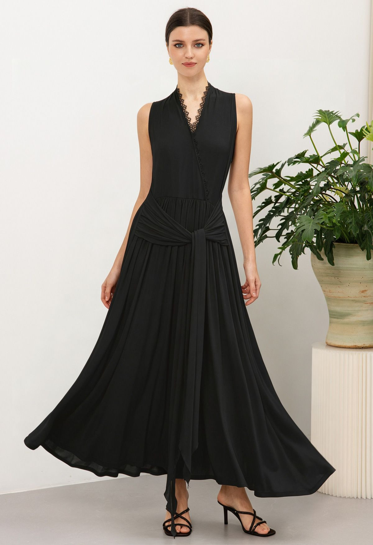 Faux Wrap Draped Sash Sleeveless Maxi Dress in Black for Wedding Guest Events & Evening Galas | Chicwish