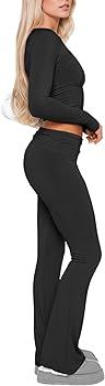 PRIVIMIX Casual Workout Two Piece Outfits for Women Long Sleeve Fold Over Yoga Flare Pants Sets T... | Amazon (US)