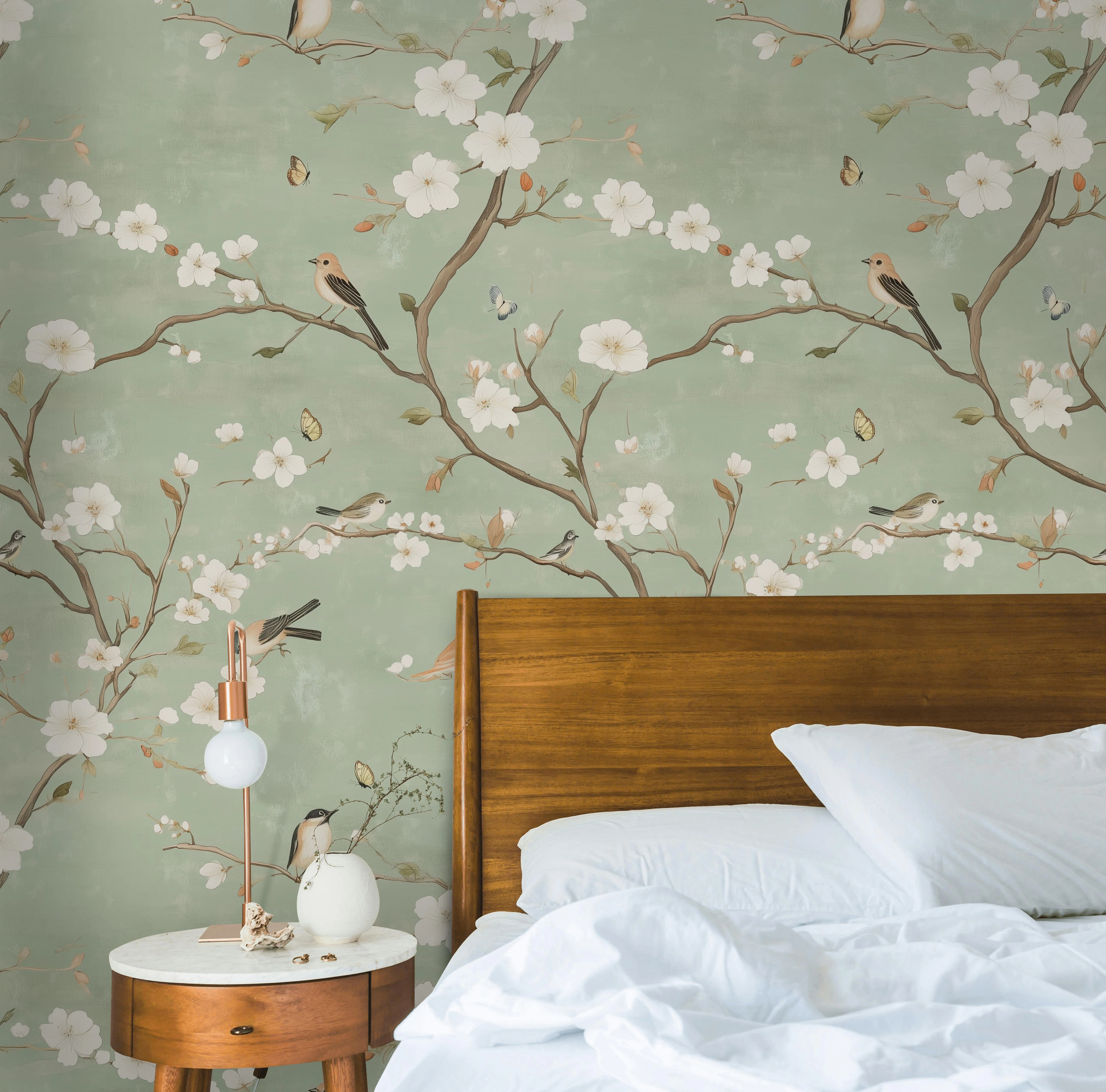 Serene Spring Birds and Blossoms Wallpaper Chinoiserie Wall Mural Peel and Stick Roll | Wayfair North America