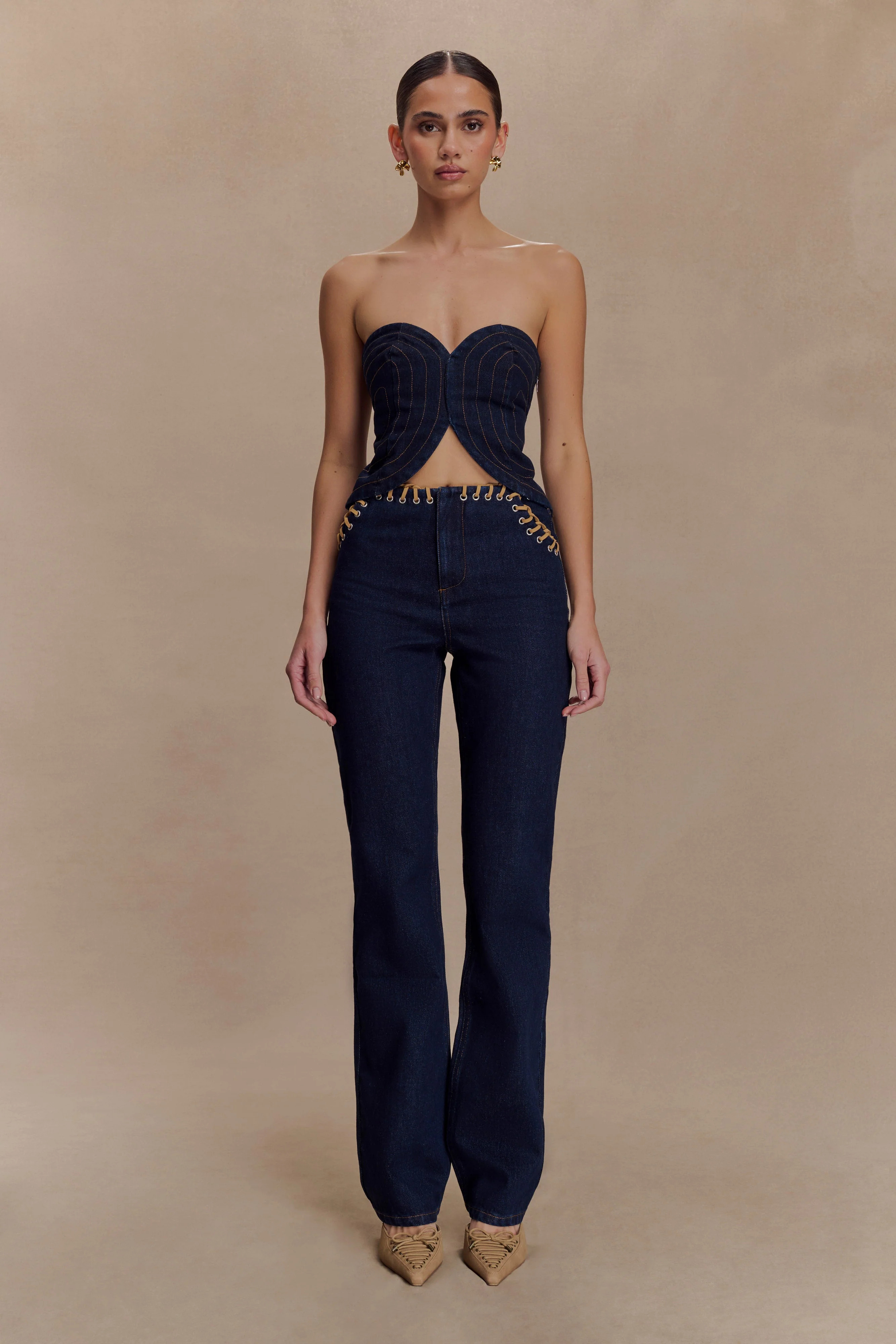 Tully Strapless Topstitch Denim Top - Indigo Blue | MESHKI US