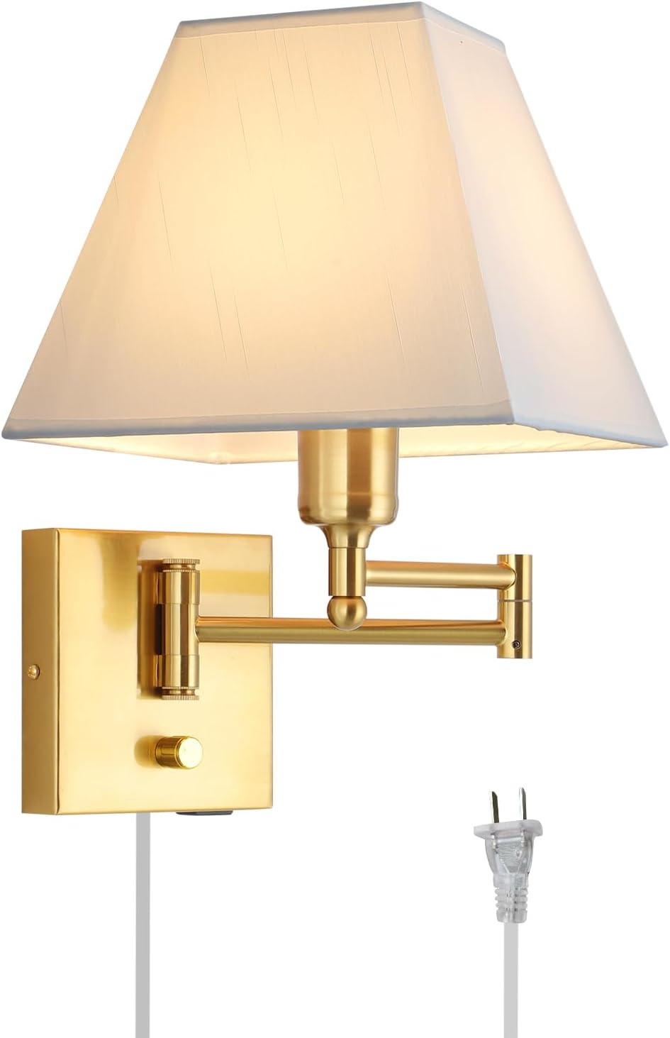 Wall Mounted Lamp Plug in Wall Sconce with Dimmable Switch Swing Arm Wall Lamp Whire Fabric Shade with USB Port Gold Wall Sconce Suitable for Hallway Bedroom Living Room… | Amazon (US)