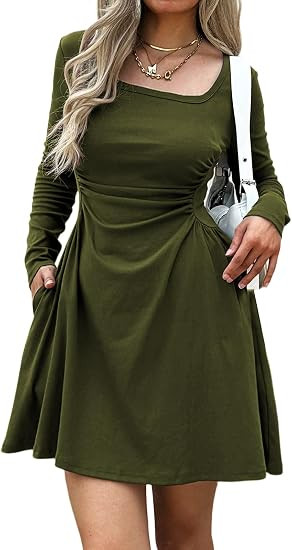 Mieazom Women's Square Neck Long Sleeve Mini Dress Ruched Waist Corset Fall Dresses Slim-Fit with... | Amazon (US)