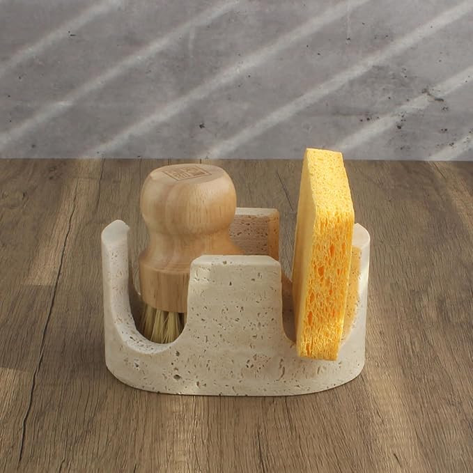 Natural Travertine 2-Slot Sponge Holder for Kitchen Counter, 2-in-1 Stone Drying Rack, Sponge Cad... | Amazon (US)