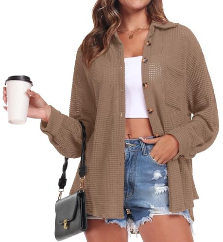 Anyhold Women's Waffle Knit Shacket Jackets Plus Size Button Down Shirts Fall Long Sleeve Casual Dressy Tops Large, Brown | Amazon (US)