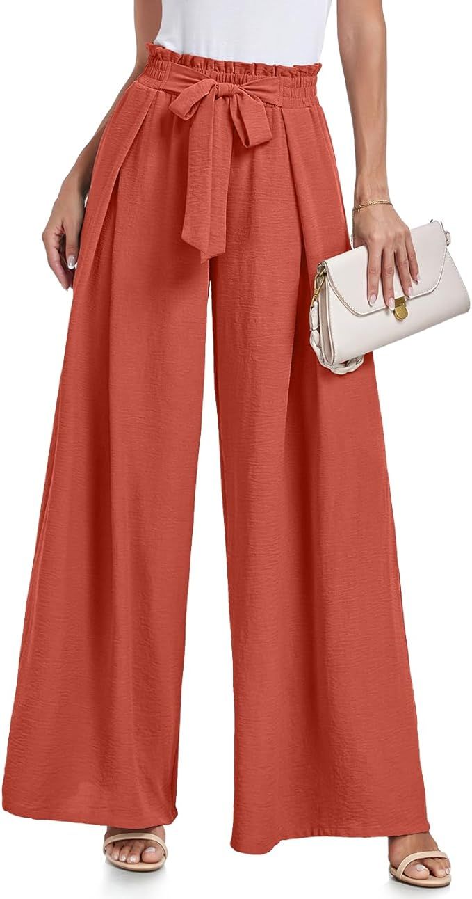 Wide Leg Pants for Women High Waisted Palazzo Pants Work Casual Flowy Tie Knot Trousers with Pock... | Amazon (US)