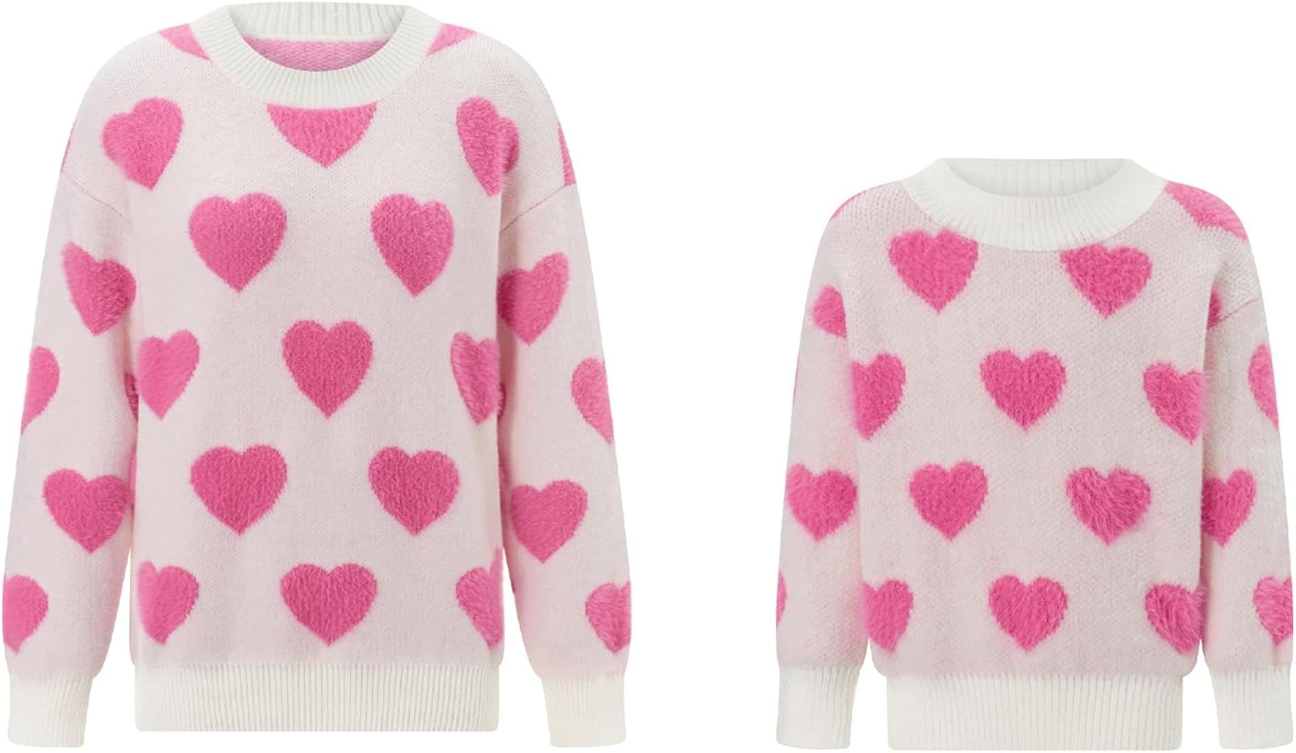 Mommy and Me Matching Outfits Valentine Heart Sweaters Long Sleeve Round Neck Pullovers Knit Tops | Amazon (US)