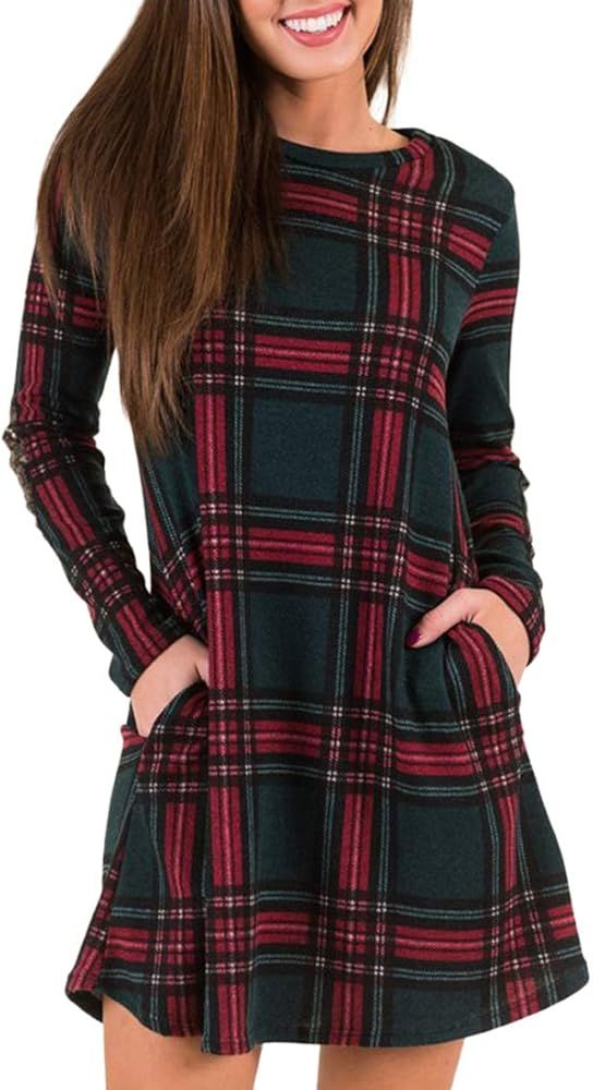 MIROL Women's Long Sleeve Plaid Color Block Casual Swing Loose Fit Tunic Dress with Pockets | Amazon (US)