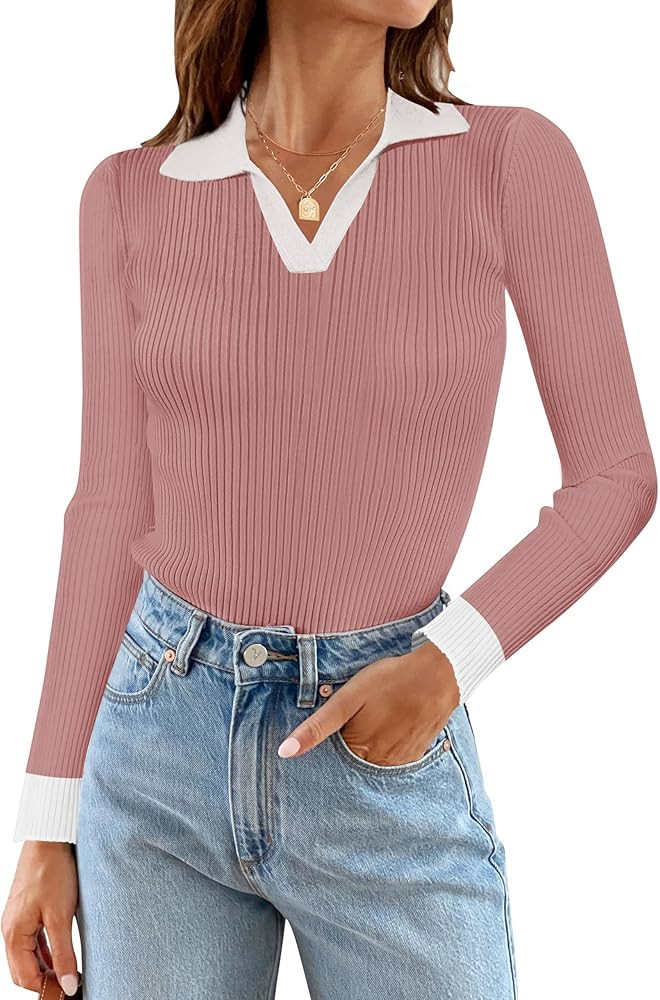 MEROKEETY Women's 2024 Fall Long Sleeve V Neck Shirts Trendy Casual Ribbed Knit Sweater Tee Tops | Amazon (US)