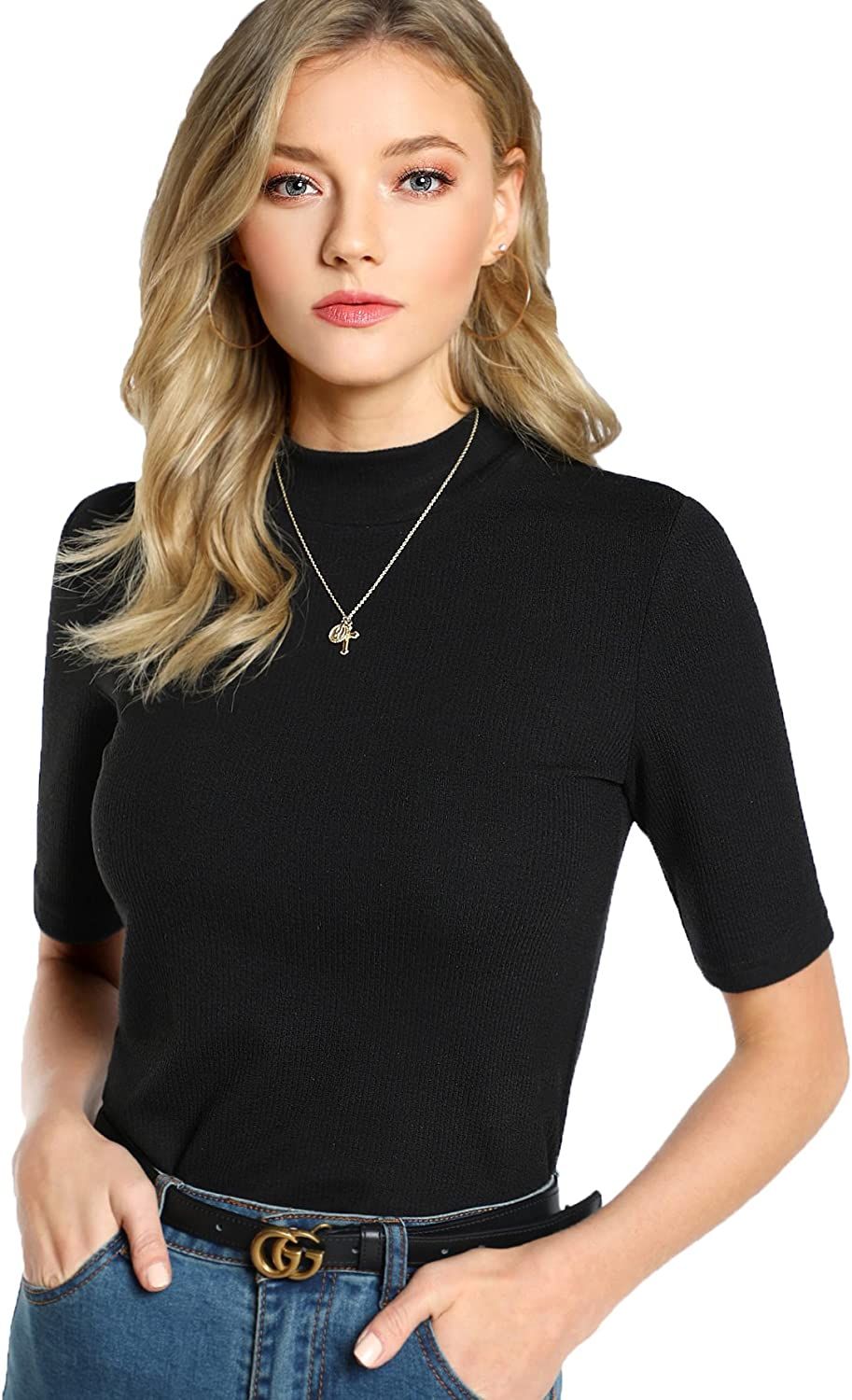 SheIn Women's Mock Neck Half Sleeve Slim Fit Ribbed Knit Tee T-Shirts | Amazon (US)