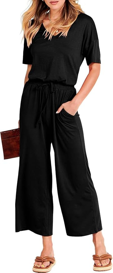 ANRABESS Women Short Sleeve Summer Casual V Neck Elastic Waist Wide Leg Cropped Pant Jumpsuits Ro... | Amazon (US)