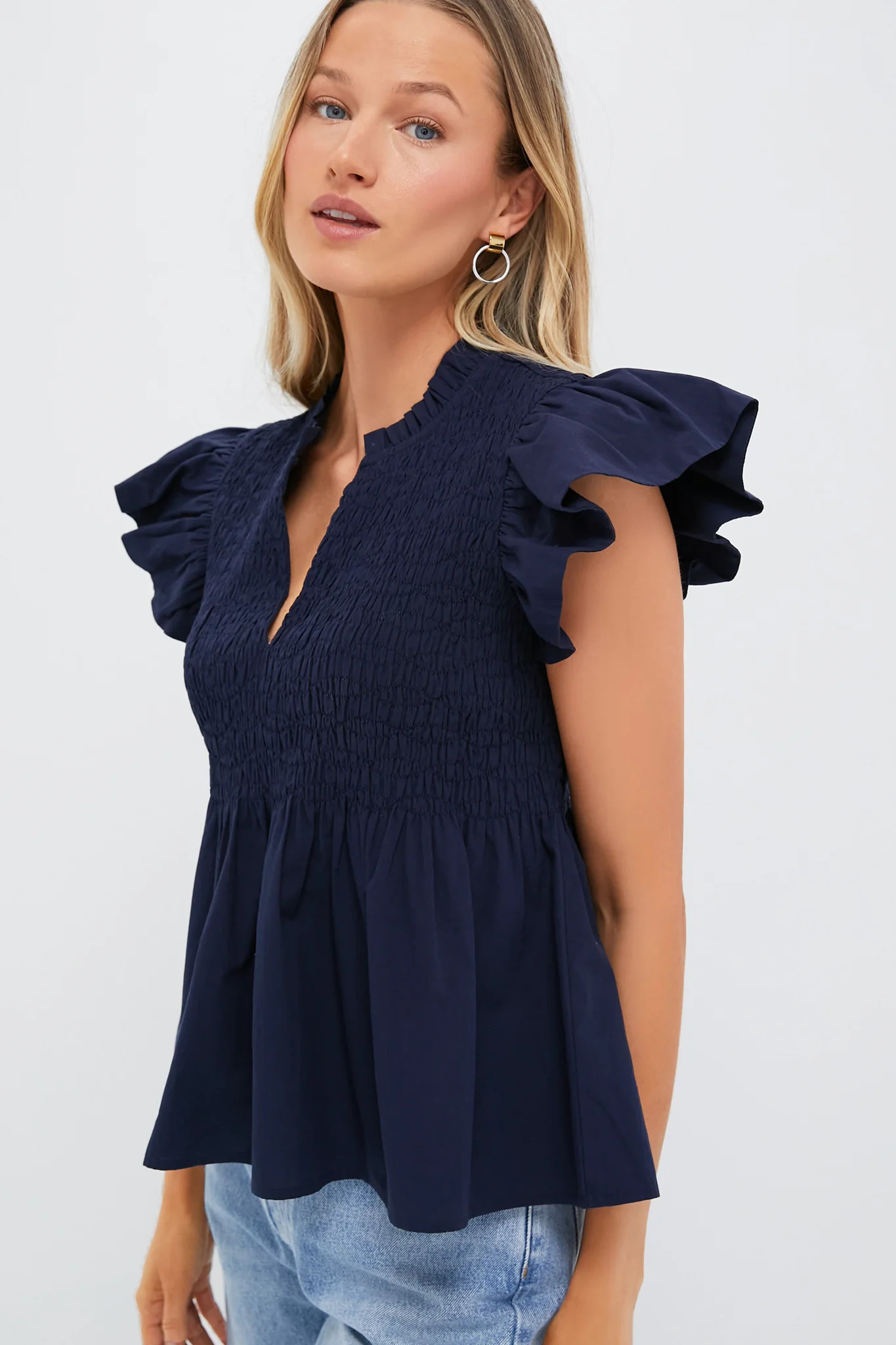 Navy Flutter Sleeve Smocked Irma Top | Tuckernuck (US)