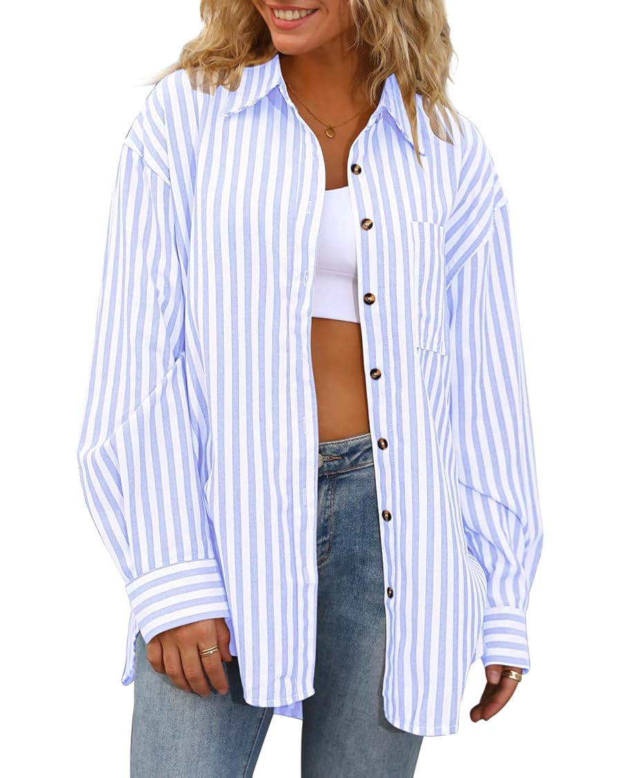 CHYRII Womens Striped Button Down Shirt Casual Long Sleeve Blouse Top | Amazon (US)