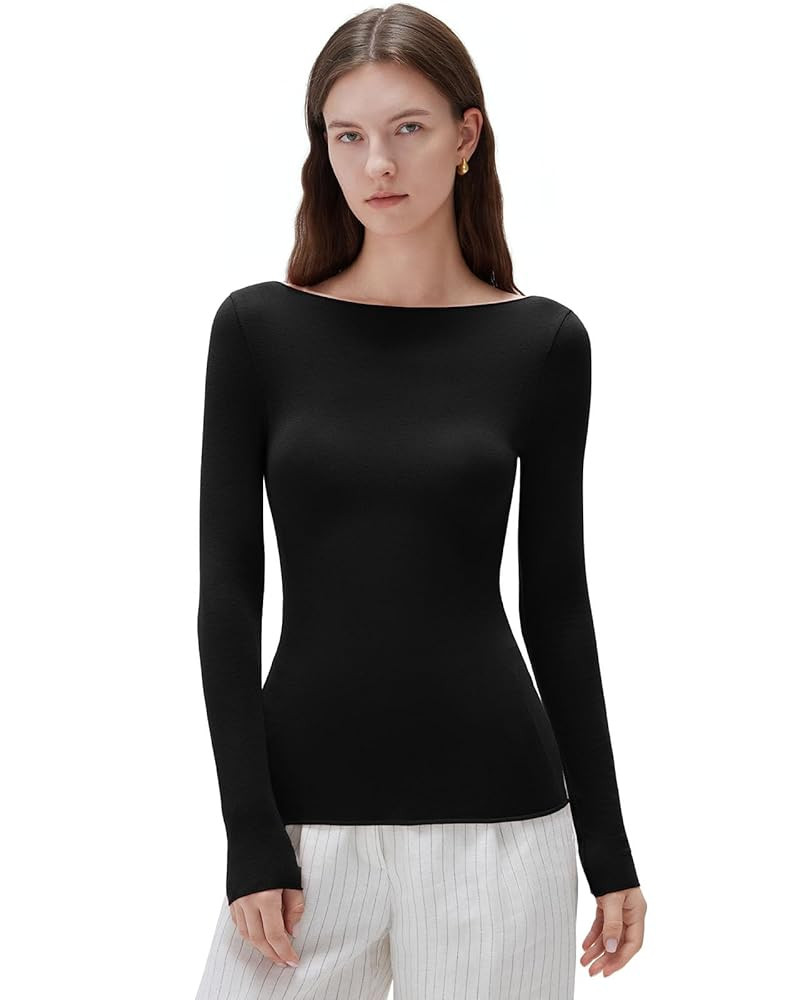 SUUKSESS Cloud Cashmere Women Boat Neck Fitted Long Sleeve Shirt Basic Knit Tops | Amazon (US)