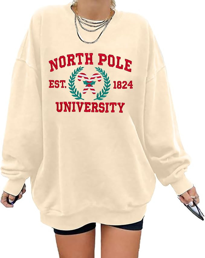 Christmas Sweatshirts for Women North Pole University Sweatshirt Oversized Christmas Embroidered ... | Amazon (US)