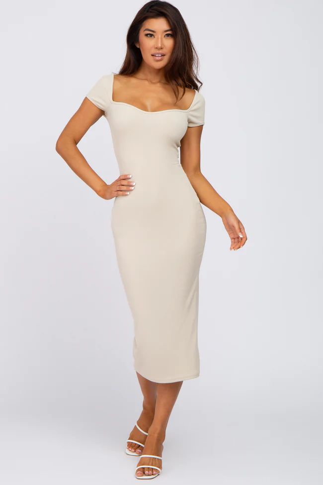 Beige Ribbed Sweetheart Neckline Fitted Dress | PinkBlush Maternity
