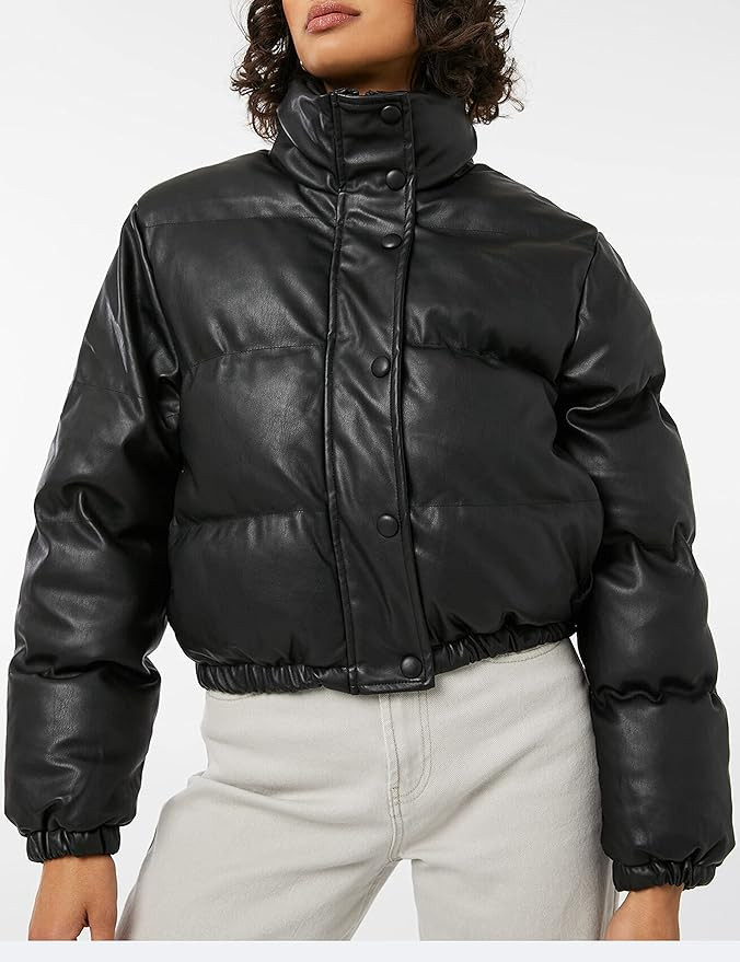 Tanming Womens Faux Leather Puffer Jacket Winter Long Sleeve Black Short Bubble Coat (Black-M) at... | Amazon (US)