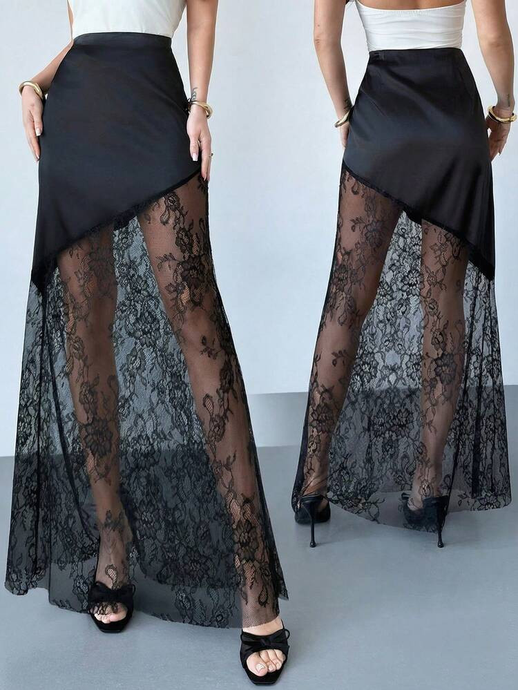 Firerie Women's Elegant, Refined, Romantic, Minimalist Fashion Commute Daily Versatile Valentine's Day Date Vacation Satin High Waist Lace Patchwork Sheer Black Skirt Birthday Outfit For Women Vacation Outfits Women Summer Holiday Outfits | SHEIN
