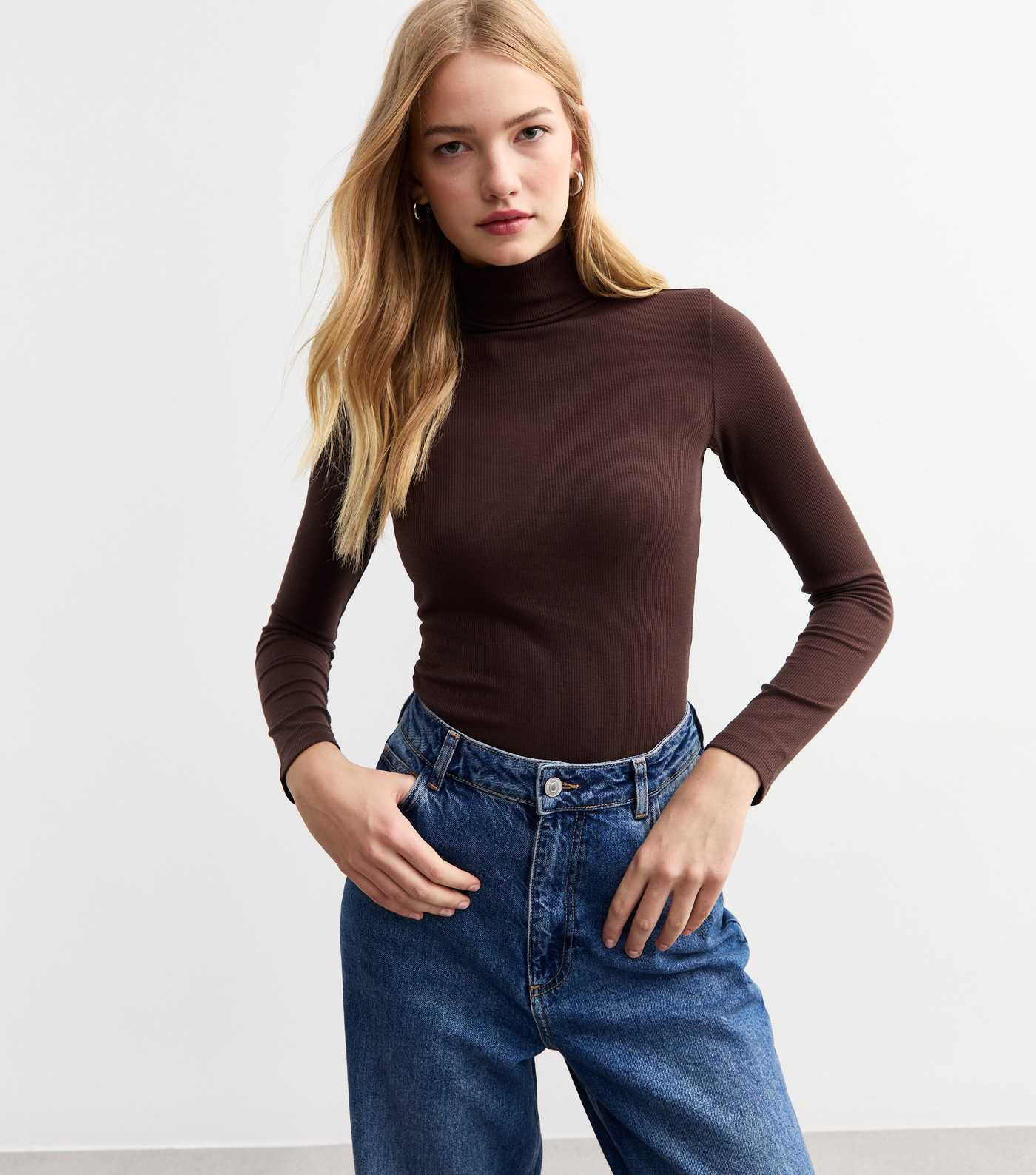 Dark Brown Rib Roll Neck Top  | New Look | New Look (UK)