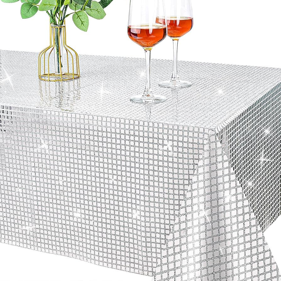 54 x 108 Inches Disco Party Tablecloth Mirror Silver Foil Table Cloth Glitter Metallic Table Cove... | Amazon (US)