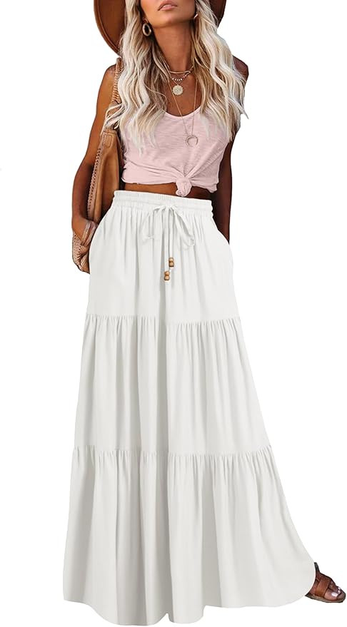 HAEOF Women's Summer Boho Maxi Skirt A-Line Flowy Ruffle Tiered Elastic High Waist Beach Long Ski... | Amazon (US)