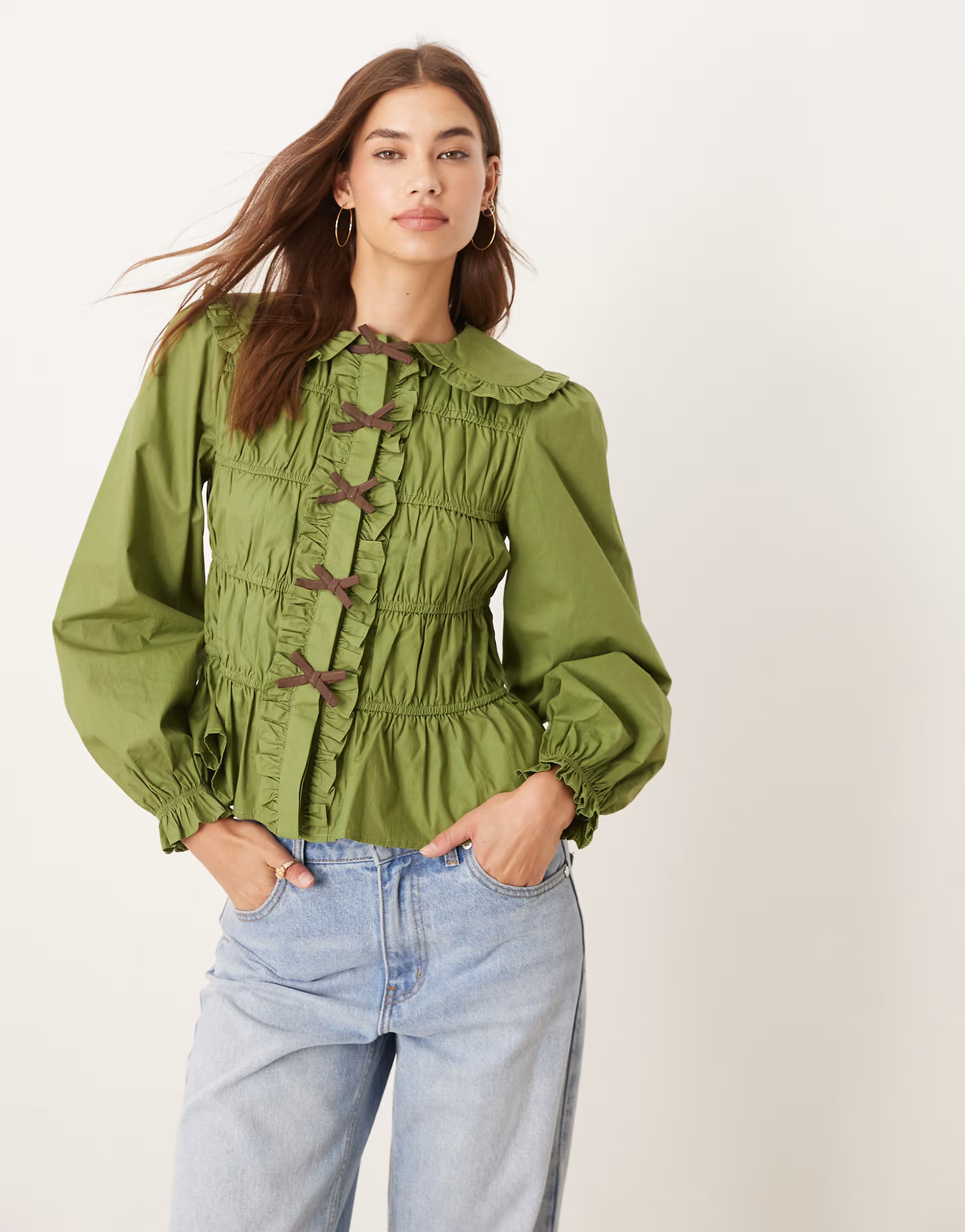 Glamorous olive green shirred blouse with brown bows | ASOS | ASOS (Global)