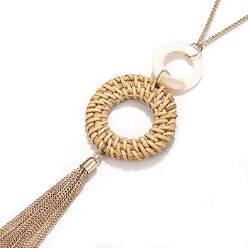 Urwomin Tassel Pendant Necklace Handmade Straw Wicker Braid Statement Pendant Y-Shaped Long Chain Ne | Amazon (US)