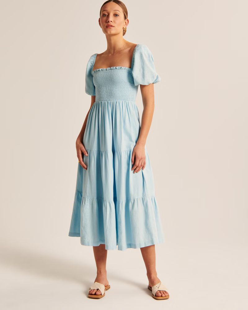 Smocked Bodice Linen-Blend Midi Dress | Abercrombie & Fitch (US)